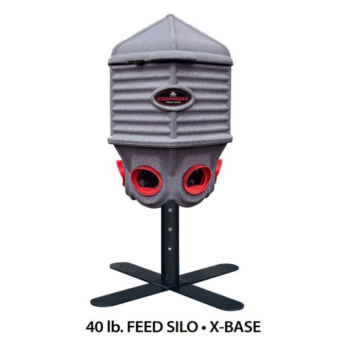 Hatching Time Coopworx 40 lb feeder silo can be seen in image with X base attached.