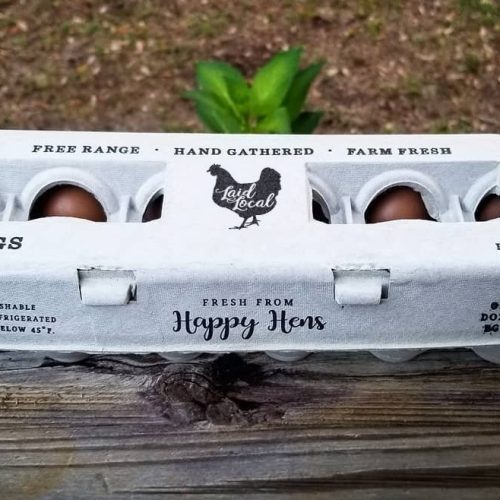 Hatching Time Henlay Egg Carton pre-marked with free range, hand gathered, farm fresh and laid local branding.